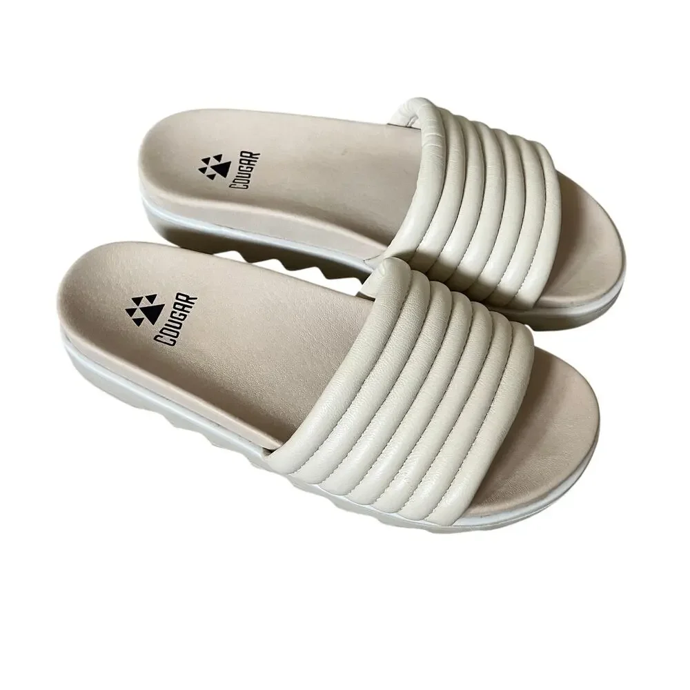 COUGAR 'Naomi' Women's 7.5 Cream Ribbed Leather Slide Sandal Comfort Footbed